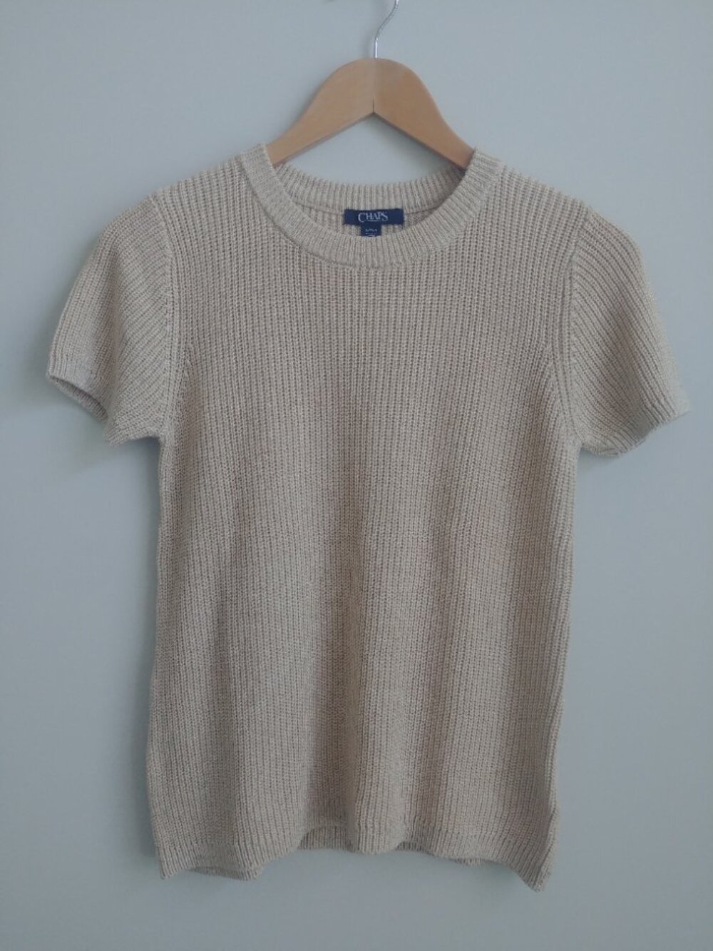 Chaps tan pale gold metallic short sleeve knit sweater top soft viscose Small